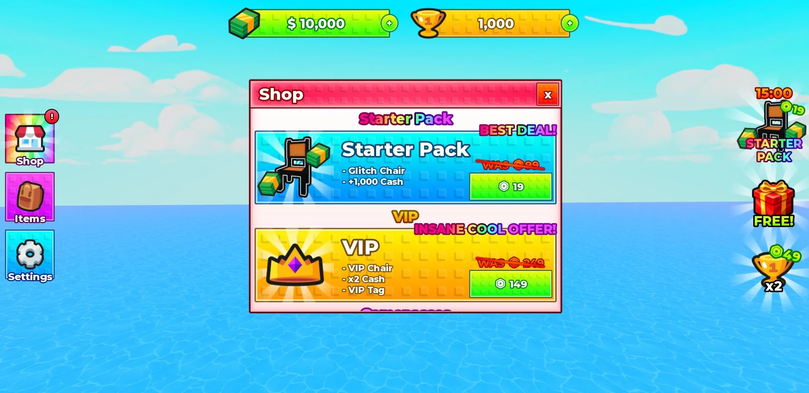 Full screenshot of the Starter Pack Shop UI